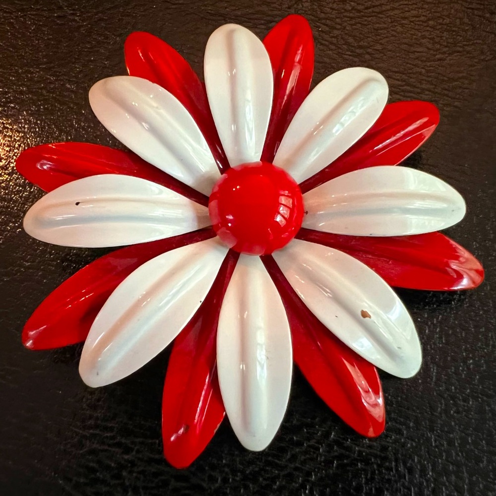 Vintage Enamel Flower Brooch Red White Floral Pin